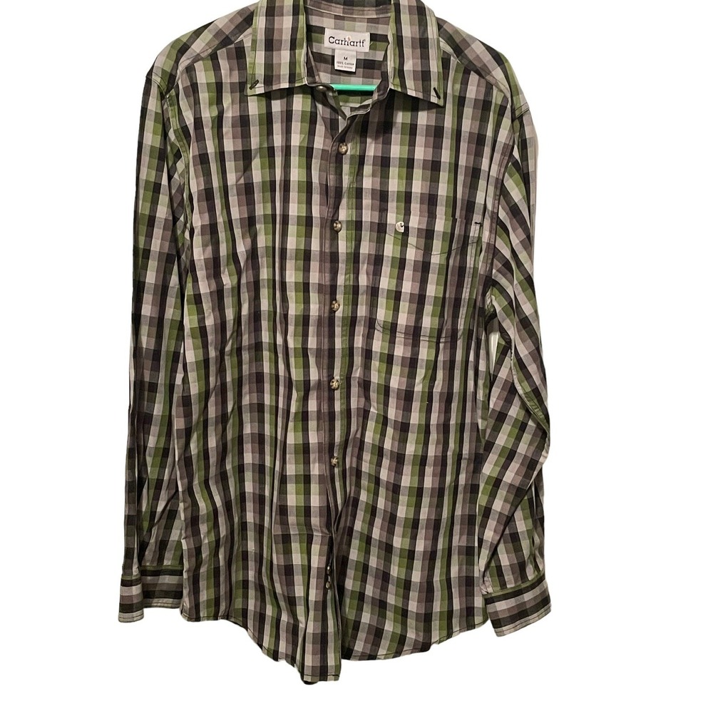 Carhartt Green Plaid Men's Medium Long Sleeve Button Down Shirt Cotton Fast Ship